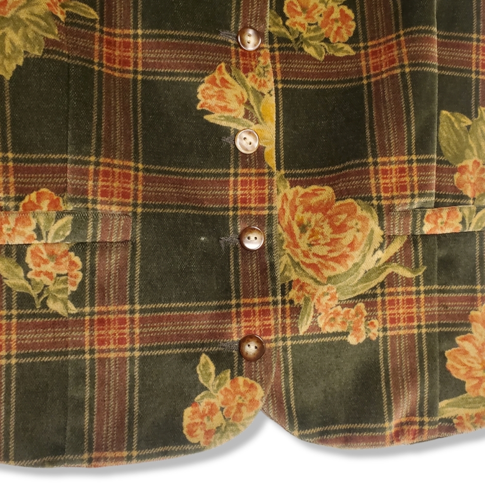 Vintage 1980s LizSport Liz Claiborne Velour Button Up Vest Plaid Floral - Picture 2 of 6